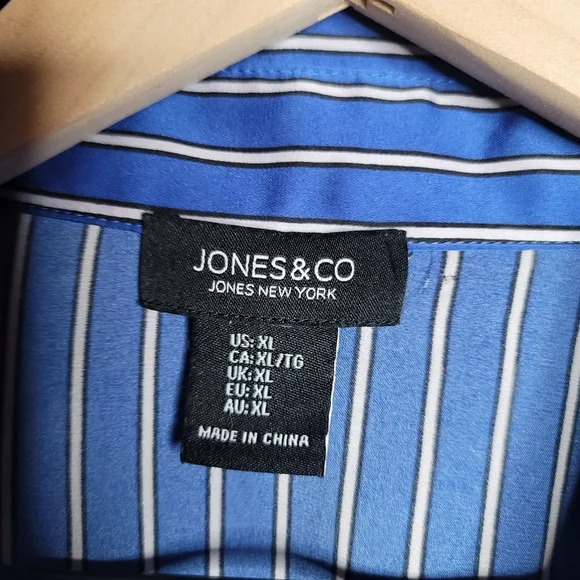 Jones and Co suiting stripe silky button up collared shirt blue black white XL - Picture 4 of 8